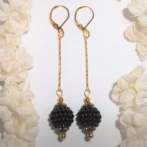 Long Beaded Earrings Black & Gold Bar Stick 6493